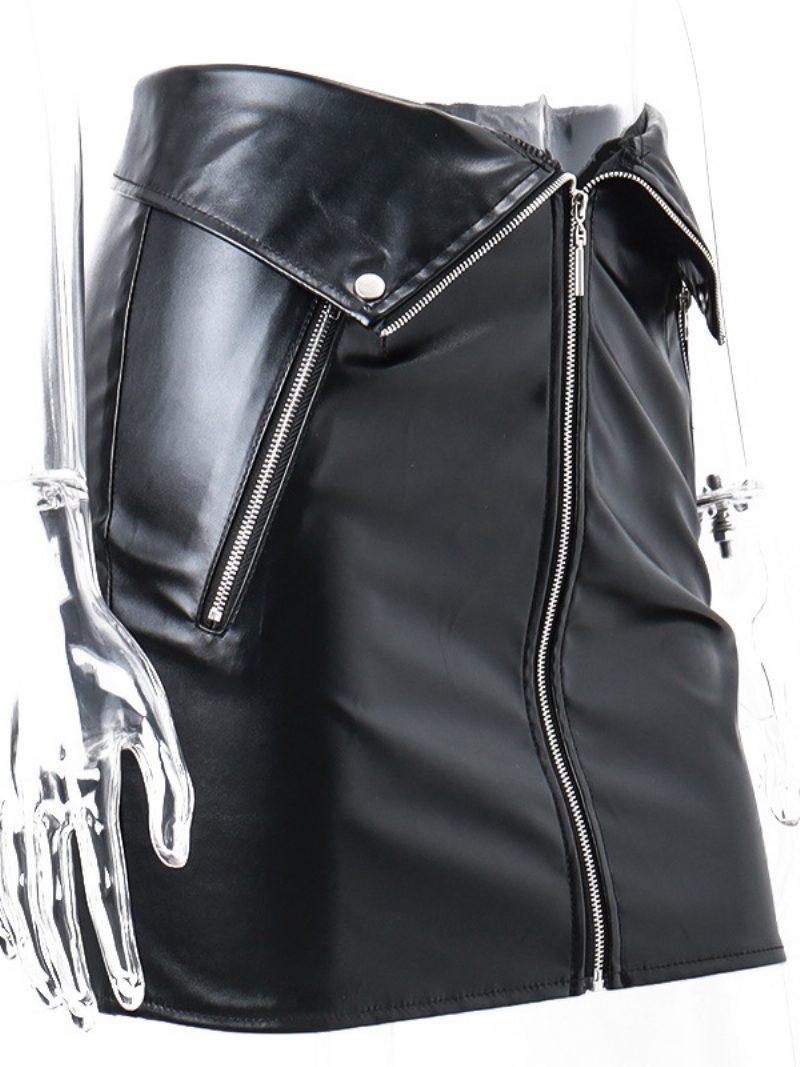 Rock Für Damen Schwarze Metalldetails Kurze Damen-unterteile Aus Pu-leder - Schwarz