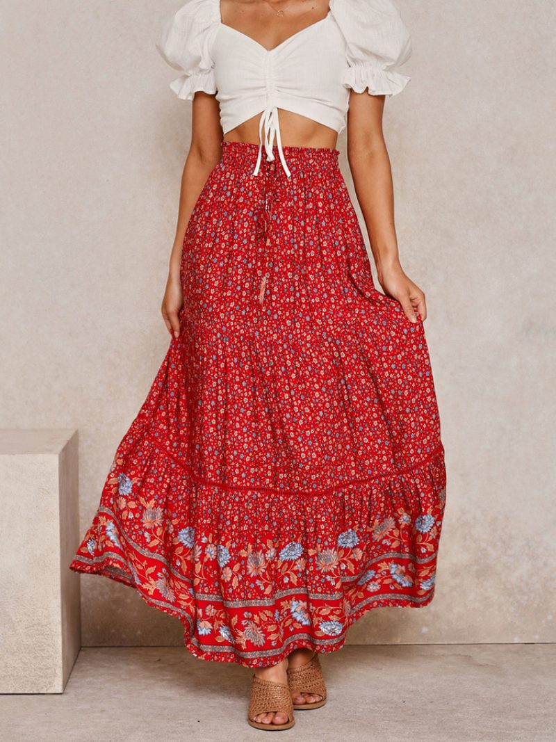 Roter Voller Rock Für Damen Bedruckt Hohe Taille Schnürung Boho Lässig Sommer Lange Kleider