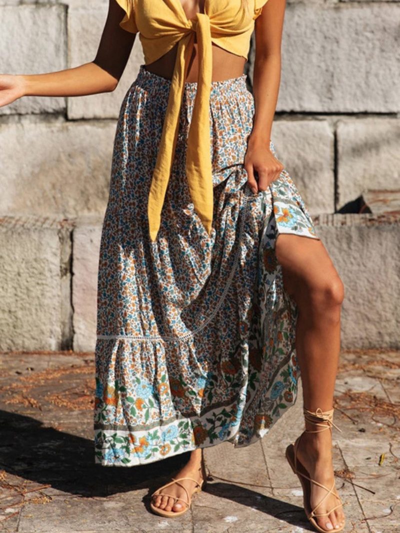 Roter Voller Rock Für Damen Bedruckt Hohe Taille Schnürung Boho Lässig Sommer Lange Kleider - Hellgelb