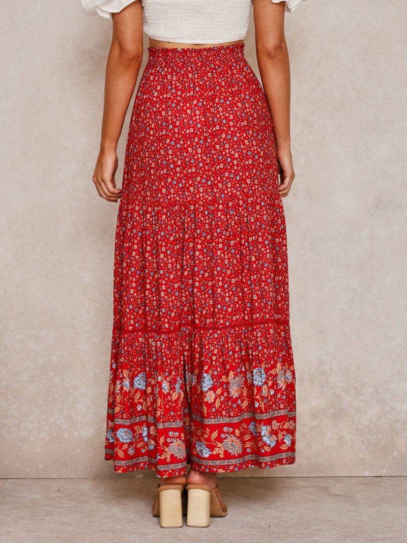 Roter Voller Rock Für Damen Bedruckt Hohe Taille Schnürung Boho Lässig Sommer Lange Kleider - Rot