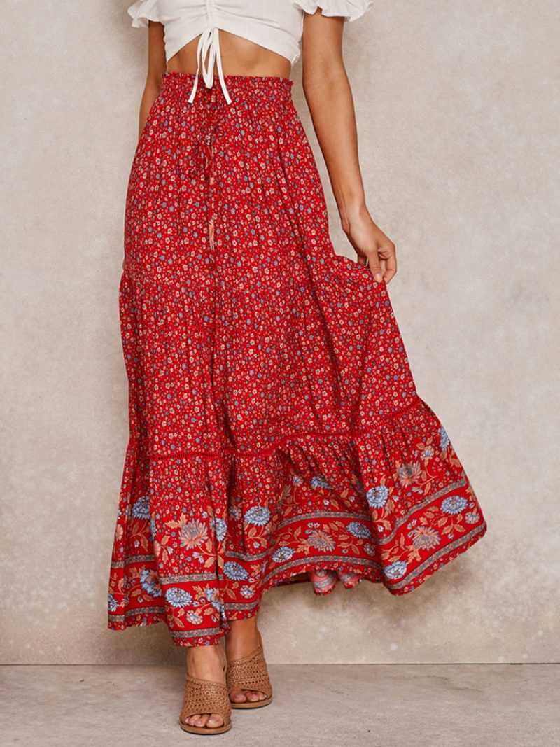 Roter Voller Rock Für Damen Bedruckt Hohe Taille Schnürung Boho Lässig Sommer Lange Kleider - Rot