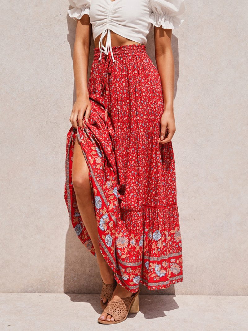 Roter Voller Rock Für Damen Bedruckt Hohe Taille Schnürung Boho Lässig Sommer Lange Kleider - Rot