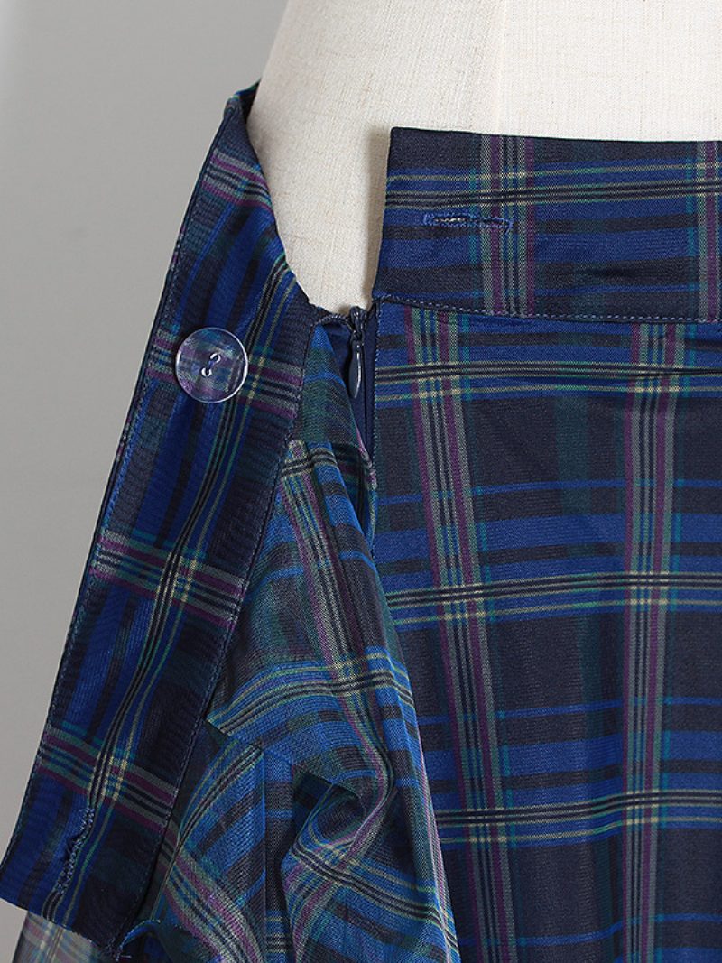 Schottland-karo-überrock Für Damen Hohe Taille Taschentuch Tüll Täglicher Freizeitrock - Blau