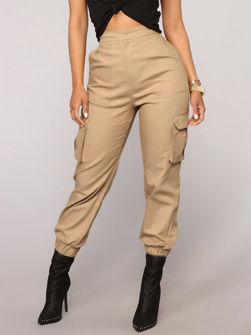 Damen-khaki-hosen Mit Erhöhter Taille Taschen Und Reißverschluss