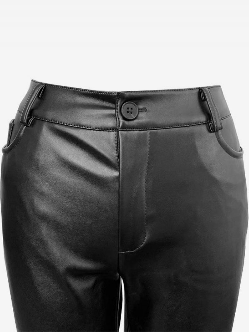 Damenhose Schwarze Hose Mit Reißverschluss Pu-leder Niedrigem Schlitz Und Erhöhter Taille - Schwarz