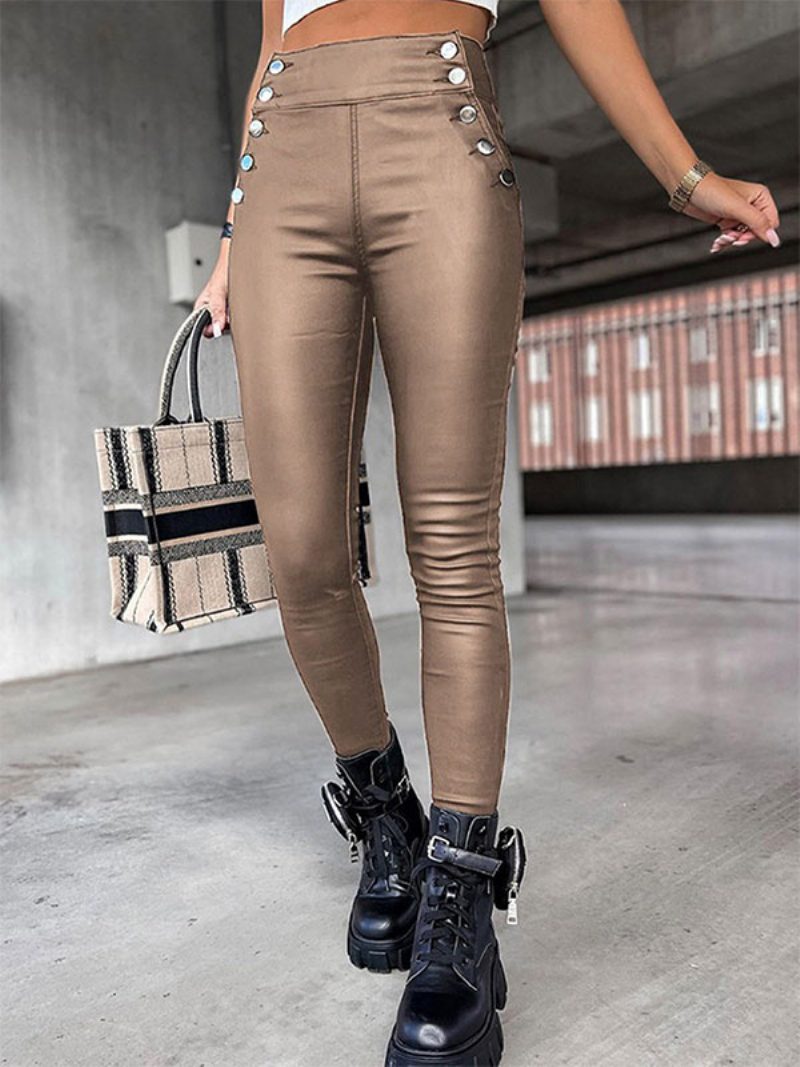 Damenhose Schwarze Knöpfe Pu-leder Hohe Taille - Khaki