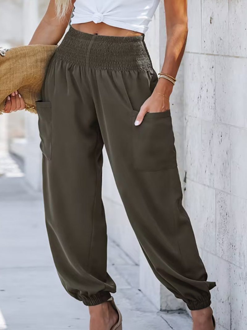 Gesmokte Joggerhose Für Damen Hohe Taille Seitenaufnäher Lässige Jahreszeitenhose - Kaffeebraun