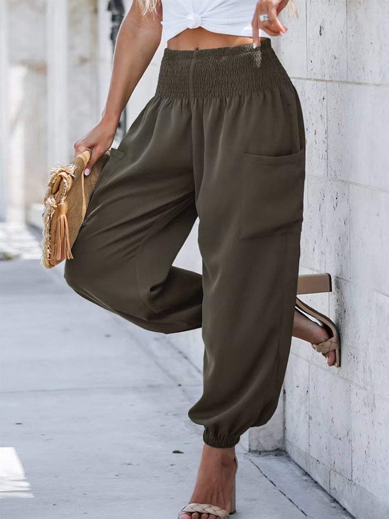 Gesmokte Joggerhose Für Damen Hohe Taille Seitenaufnäher Lässige Jahreszeitenhose - Kaffeebraun