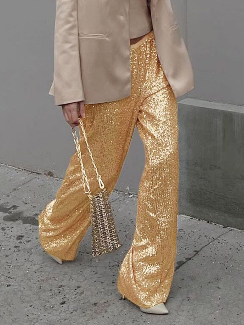 Glitzerhose Hohe Taille Weites Bein Pailletten Schicke Hose Für Damen - Gold