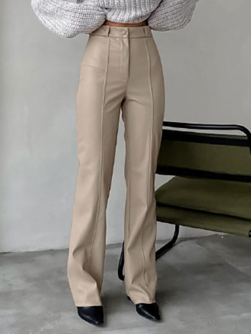 Kaffeebraune Pu-lederhose Mit Erhöhter Taille Und Reißverschluss Für Damen - Khaki