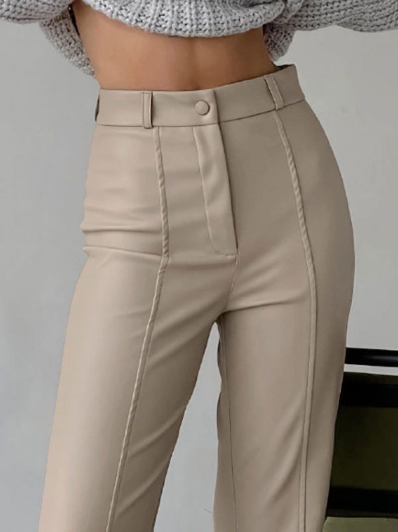 Kaffeebraune Pu-lederhose Mit Erhöhter Taille Und Reißverschluss Für Damen - Khaki