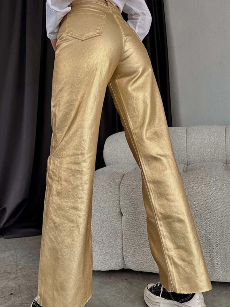 Metallic-hose Hohe Taille Reißverschluss Weites Bein Hose Für Damen - Gold