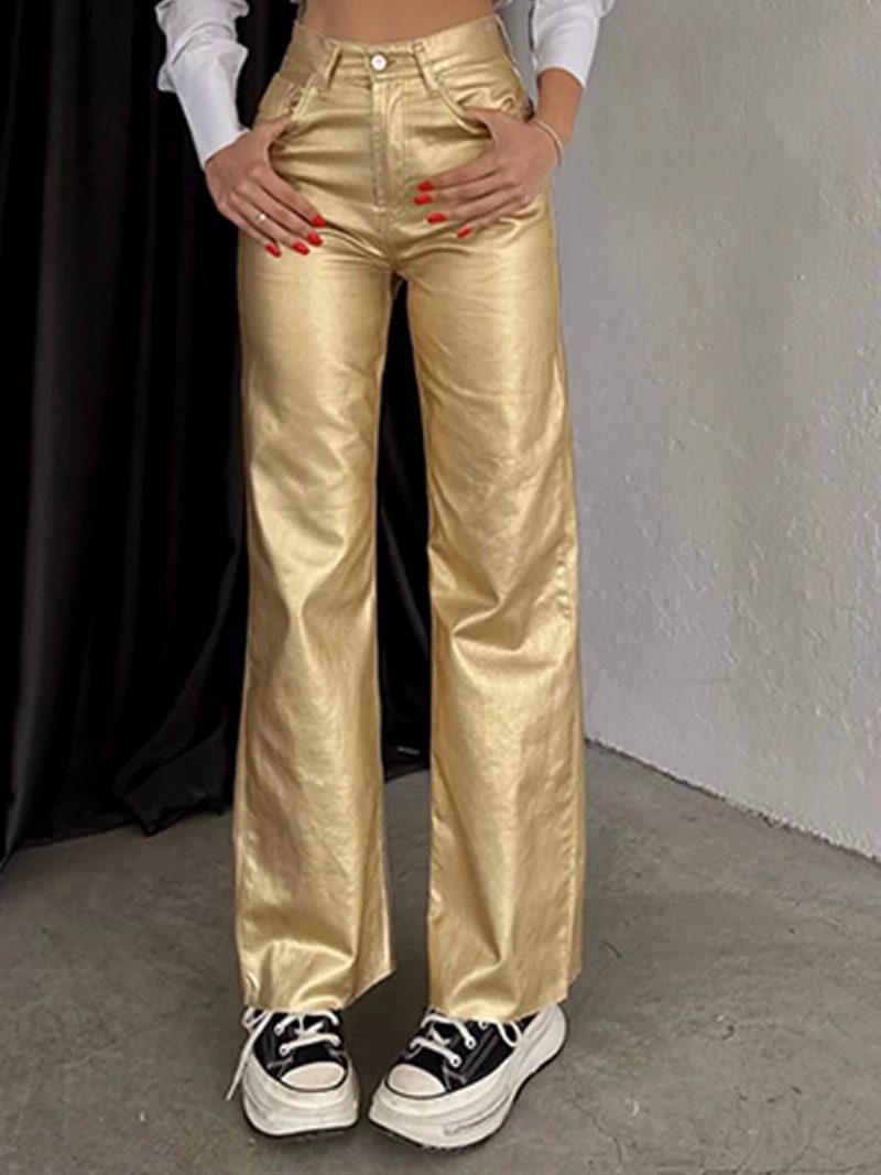 Metallic-hose Hohe Taille Reißverschluss Weites Bein Hose Für Damen - Gold