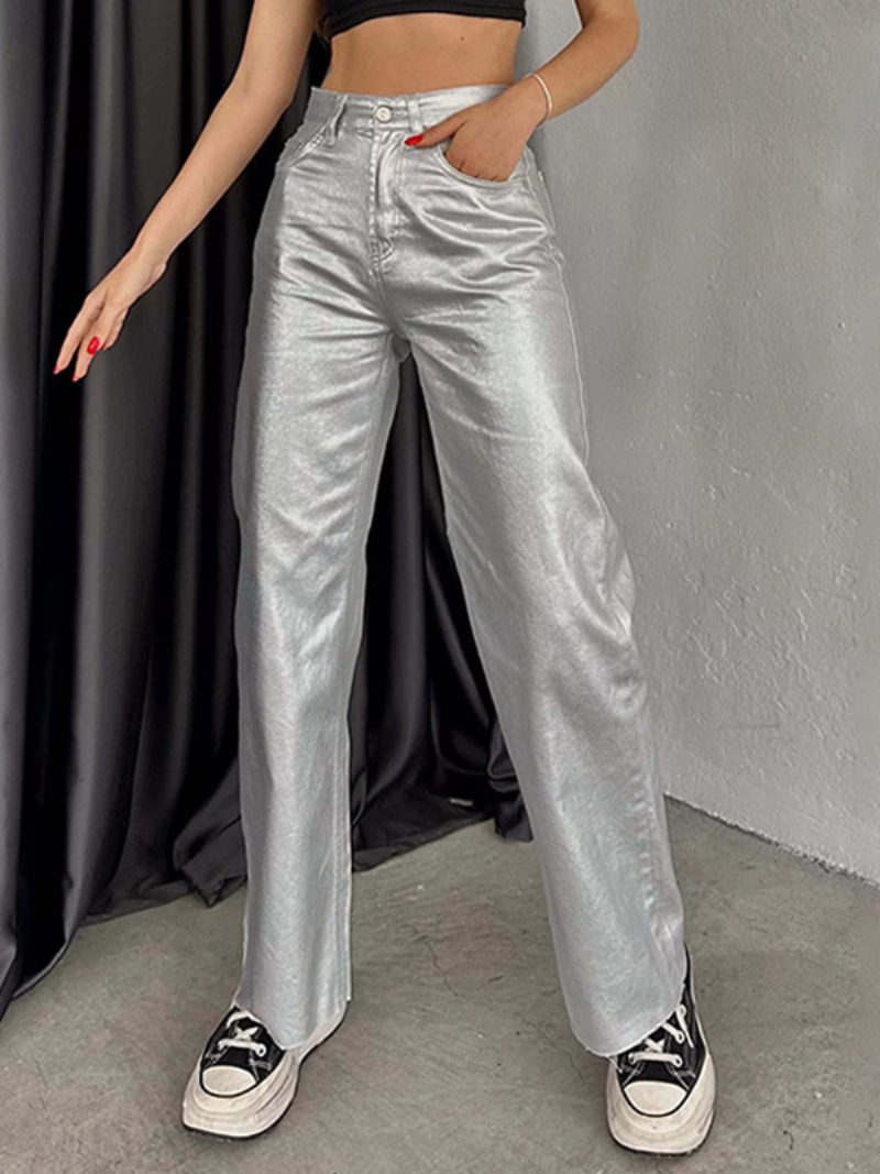 Metallic-hose Hohe Taille Reißverschluss Weites Bein Hose Für Damen - Silber