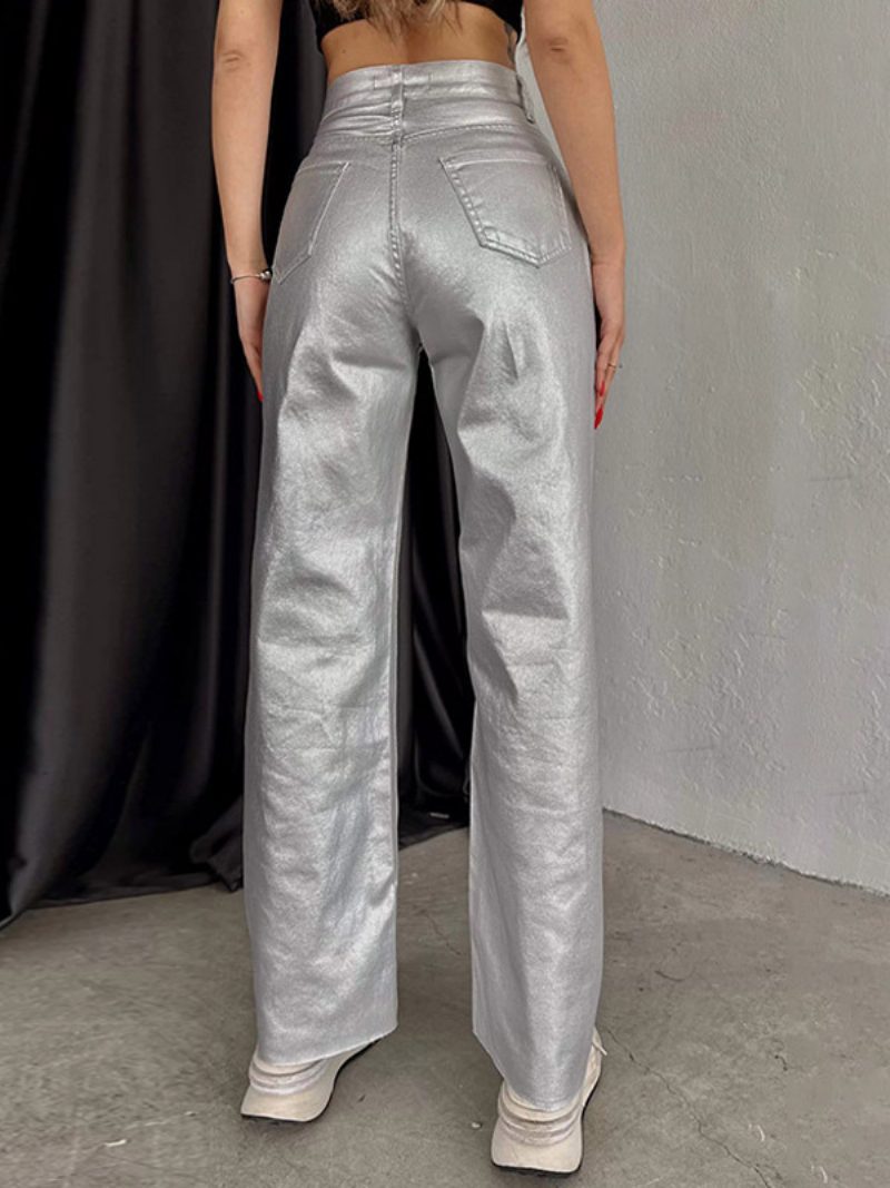 Metallic-hose Hohe Taille Reißverschluss Weites Bein Hose Für Damen - Silber