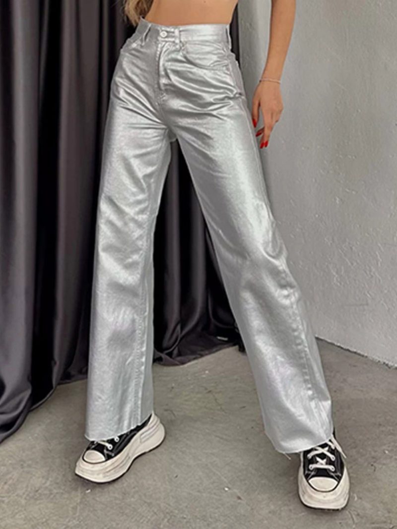 Metallic-hose Hohe Taille Reißverschluss Weites Bein Hose Für Damen - Silber