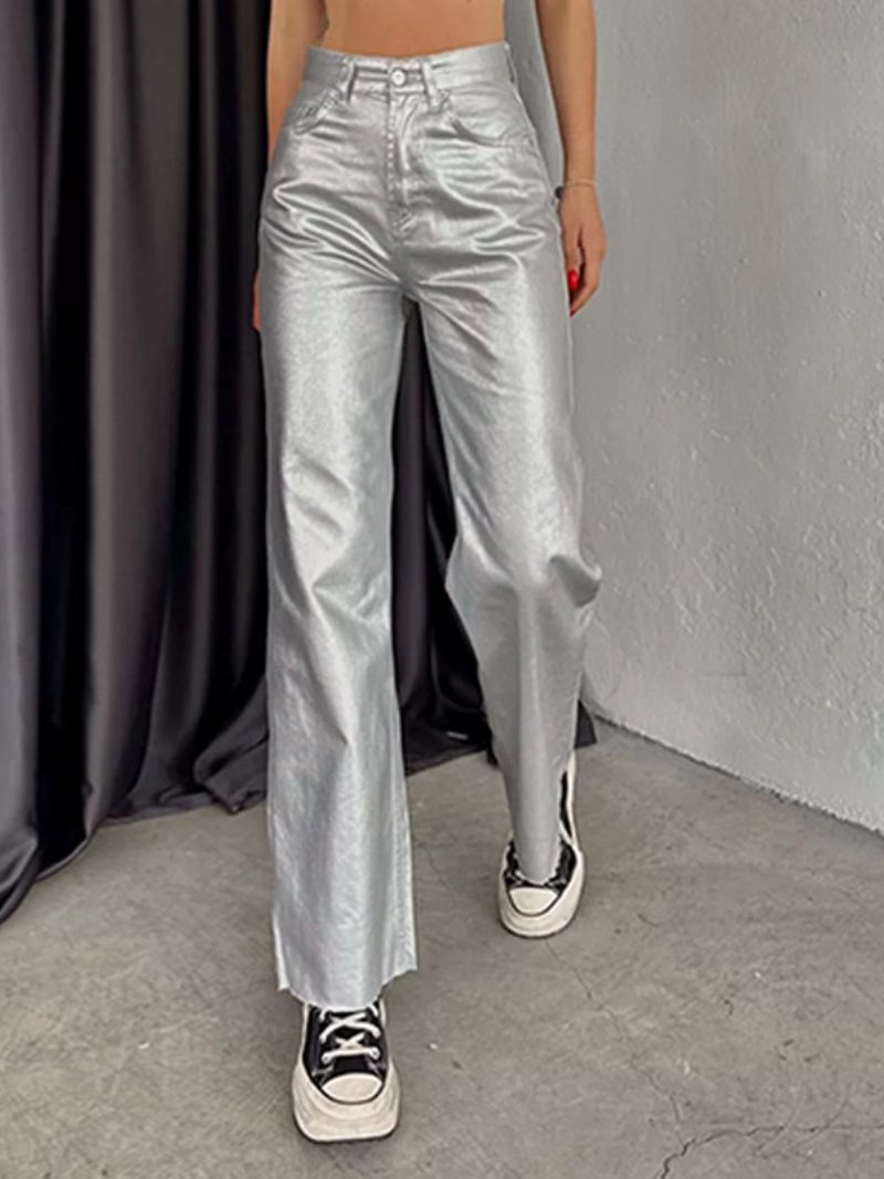 Metallic-hose Hohe Taille Reißverschluss Weites Bein Hose Für Damen - Silber