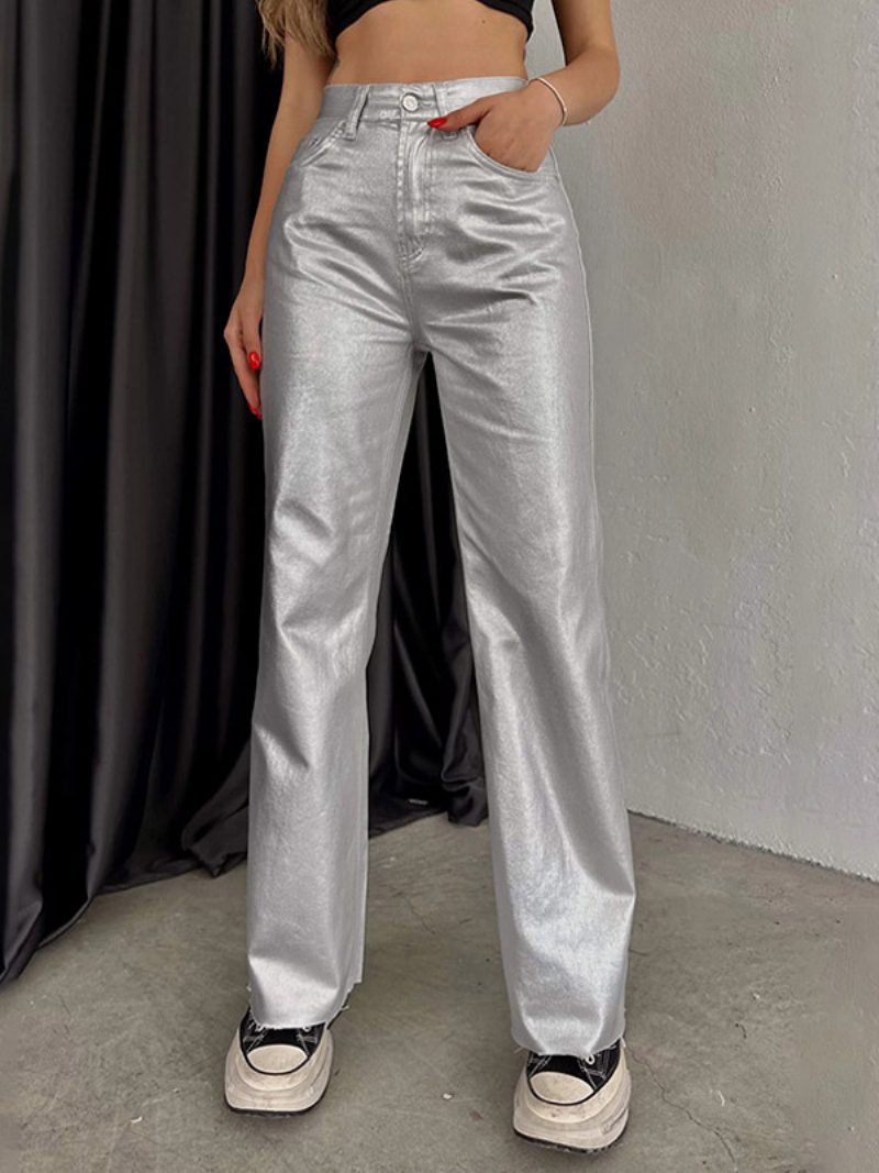 Metallic-hose Hohe Taille Reißverschluss Weites Bein Hose Für Damen - Silber