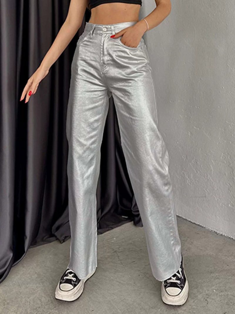 Metallic-hose Hohe Taille Reißverschluss Weites Bein Hose Für Damen - Silber