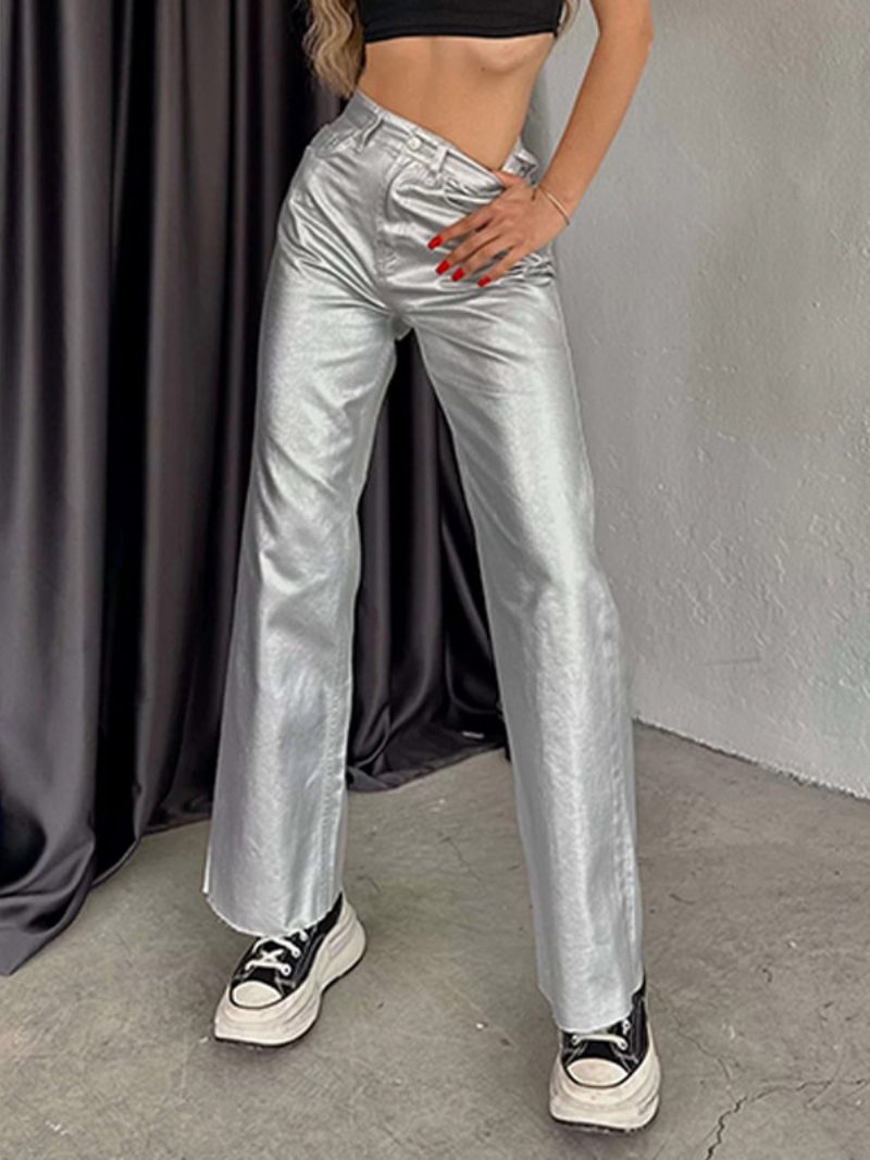 Metallic-hose Hohe Taille Reißverschluss Weites Bein Hose Für Damen - Silber