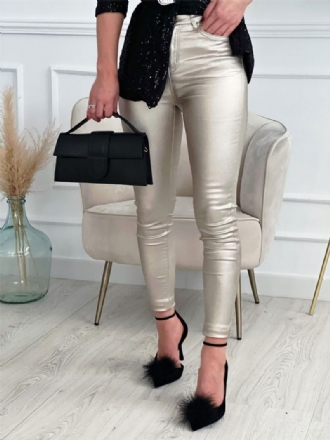 Silberne Hose Für Damen Schmale Leggings Aus Kunstleder Mit Hoher Taille