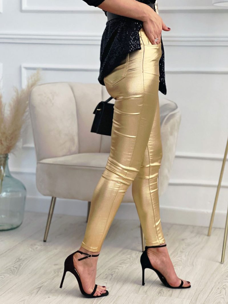 Silberne Hose Für Damen Schmale Leggings Aus Kunstleder Mit Hoher Taille - Gold