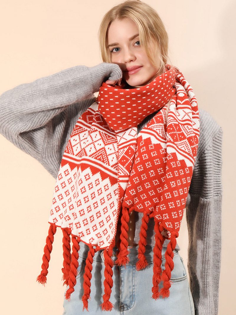 Damen Schal Weihnachten Muster Fransen Winter Warm Acc - Rot