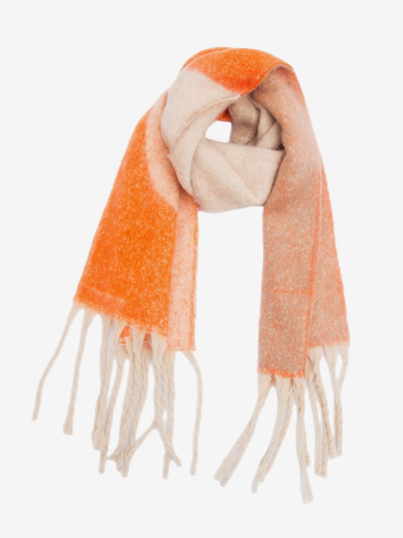 Flauschiger Schal Im Farbblock-design Mit Fransen Lässige Damenschals Für Den Herbst Und Winter - Orange