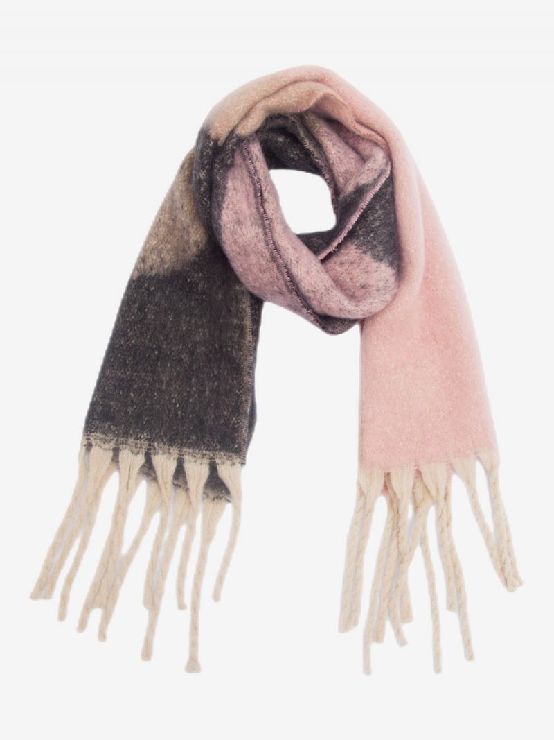 Flauschiger Schal Im Farbblock-design Mit Fransen Lässige Damenschals Für Den Herbst Und Winter - Rosa