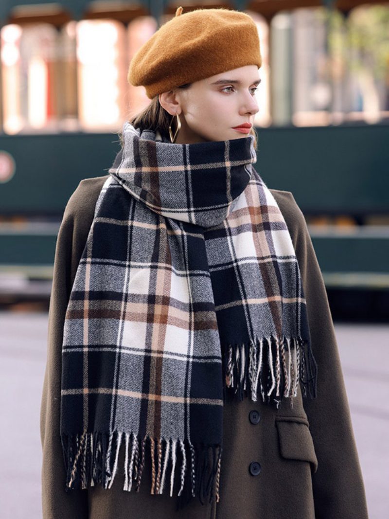 Klassischer Schal Mit Karomuster Dicker Herbst-winter-schal Für Damen - Schwarz