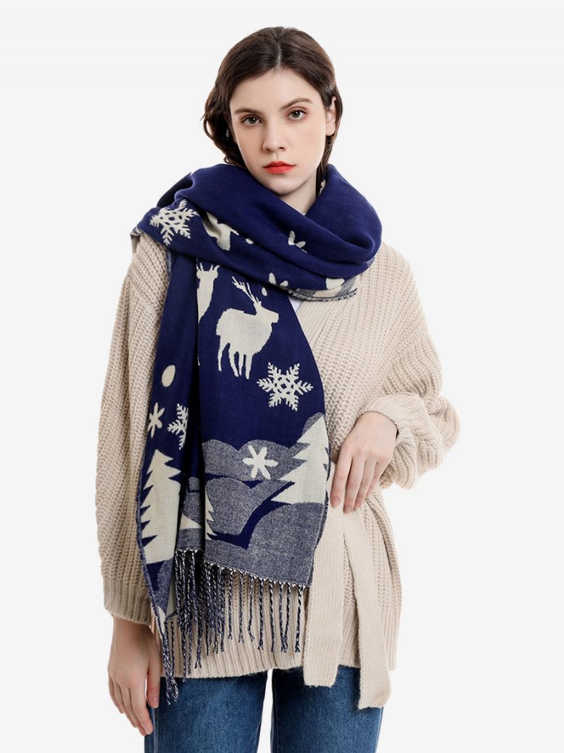 Schal Für Damen Modisch Weihnachtsmuster Fransen Winter Warm Acc - Blau