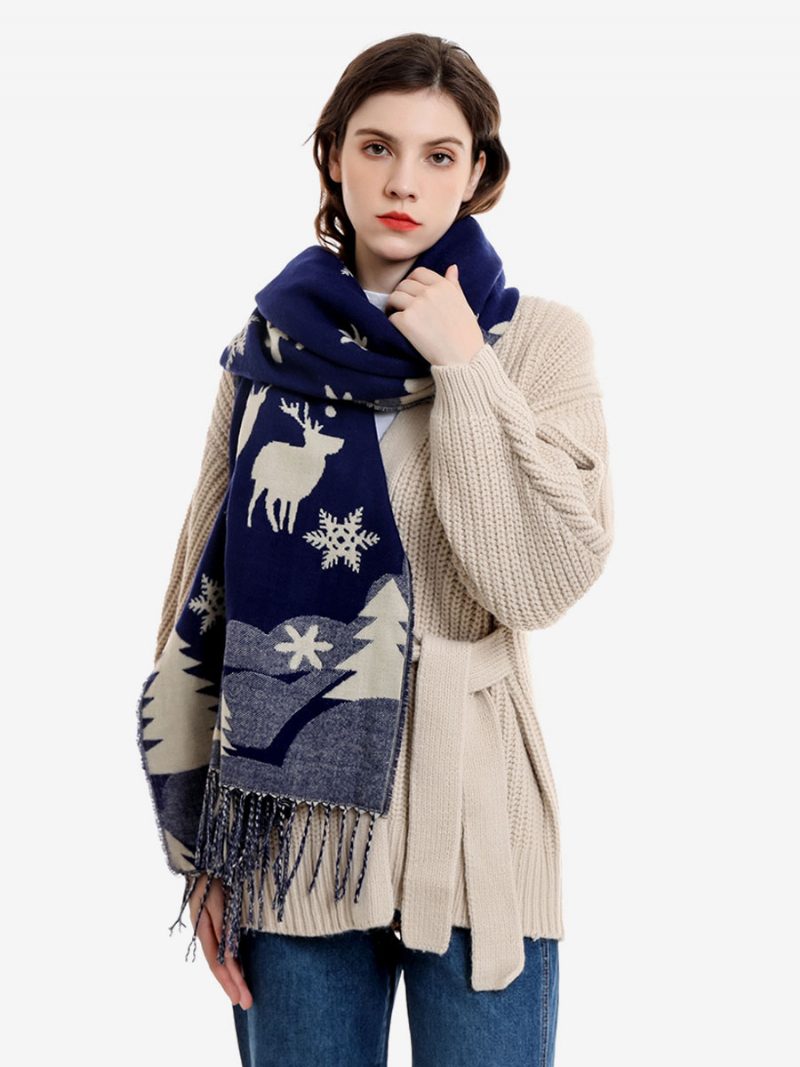 Schal Für Damen Modisch Weihnachtsmuster Fransen Winter Warm Acc - Blau