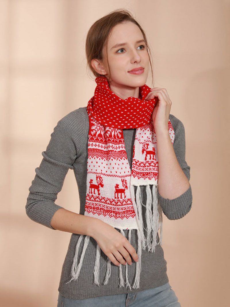 Schal Für Damen Weihnachtsmuster Fransen Winter Warm Acc - Türrot