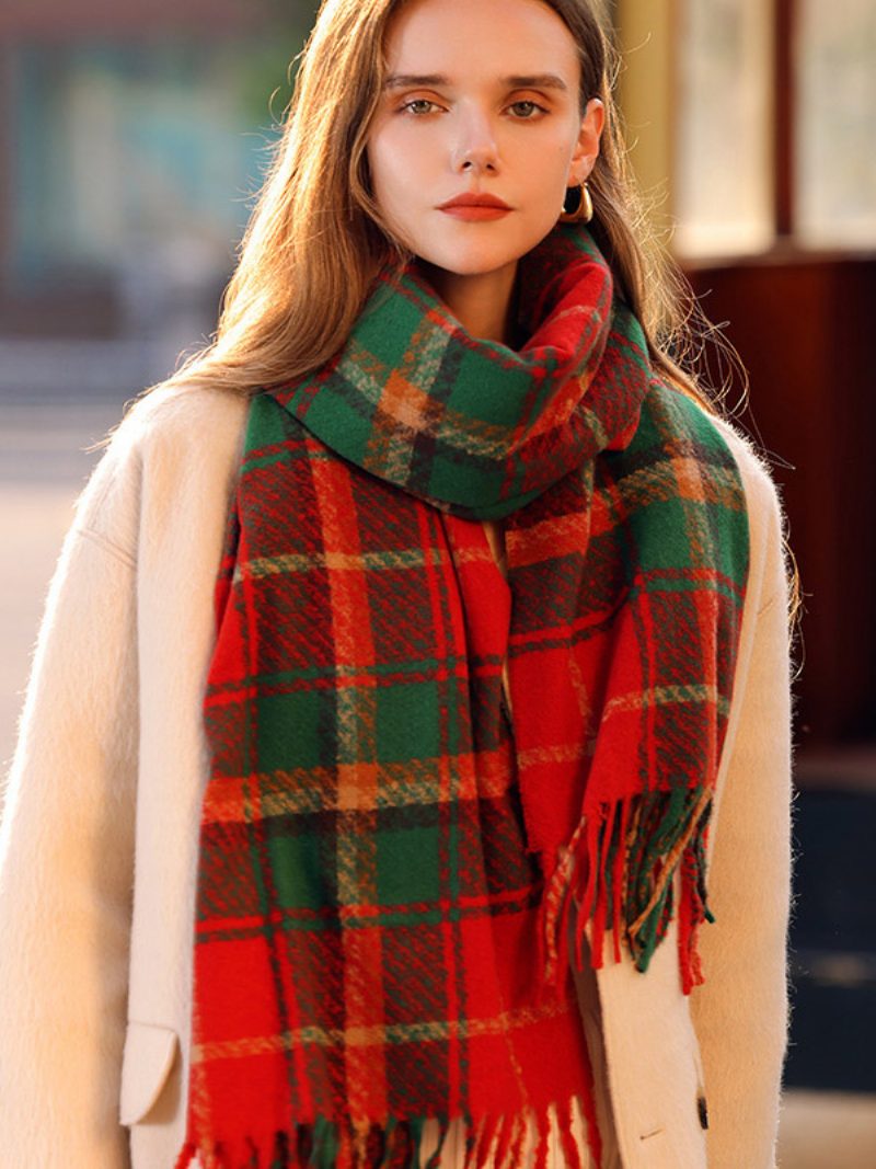 Vintage Karierter Schal Mit Fransen Herbst Winter Schals Für Frauen - Rot