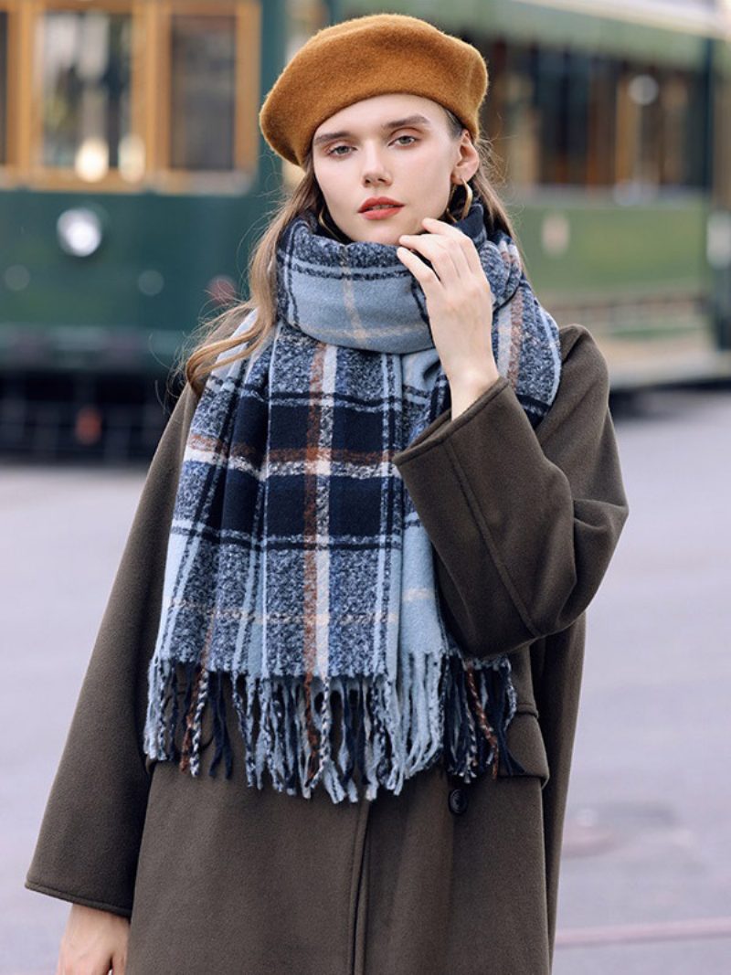 Vintage Karierter Schal Mit Fransen Herbst Winter Schals Für Frauen - Hellhimmelblau