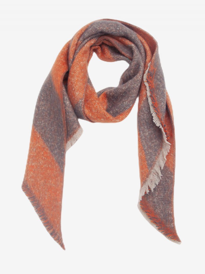 Zweifarbiger Damenschal Mit Wimpernbesatz Farbblock-herbst-winter-schal - Orange